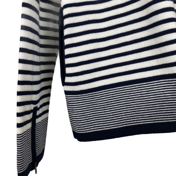 FOXCROFT Cardigan L 100% Cotton Navy White Striped Zip Front Coastal Beachy - Picture 8 of 11